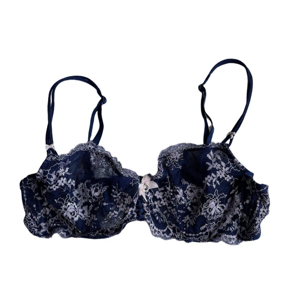 Victoria's Secret 34B Mesh Sheer Embroidered Blue Pink Unlined Demi